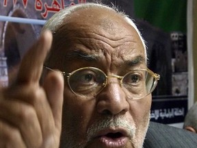 FILE - In this Oct. 27, 2009 file photo, Egyptian Muslim Brotherhood leader, Supreme Guide Mohammed Mahdi Akef talks during a press conference in Cairo, Egypt. Former leader of Egypt's outlawed Muslim Brotherhood group has died in hospital while on trial. The 89-year-old Akef suffered from health complications and was hospitalized in Cairo before his death on Friday, Sept. 22, 2017. (AP Photo/Nasser Nouri, File)