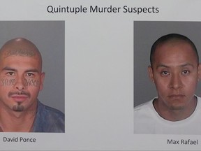 FILE - In these file booking photos released Jan. 18, 2012, shows suspects David Ponce, left, and Max Rafael in a 2008 murder of five people at a homeless encampment, released during a news conference announcing the arrest of suspects in Long Beach, Calif. The Los Angeles District Attorney's Office says a jury found gang members, David Ponce and Max Rafael guilty of five counts of murder and a kidnapping charge on Friday, Sept. 22, 2017. Prosecutors say Ponce and Rafael fatally shot three men and two women living at a homeless encampment near a freeway off-ramp in Long Beach. (AP Photo/Jeff Gritchen/Los Angeles Daily News via AP)