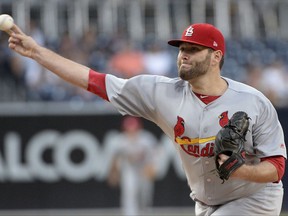 St. Louis Cardinals starter Lance Lynn throws a pitch to a San Diego Padres batter during the first inning of a baseball game Thursday, Sept. 7, 2017, in San Diego. (AP Photo/Orlando Ramirez)