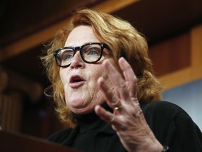FILE - In this March 14, 2017, file photo, Sen. Heidi Heitkamp, D-N.D., speaks during a news conference on Capitol Hill in Washington. Heitkamp is the only statewide-elected Democrat in heavily Republican North Dakota, where President Donald Trump rolled to a win last year and the GOP is optimistic about knocking out the senator in next year's midterm elections. (AP Photo/Manuel Balce Ceneta, File)