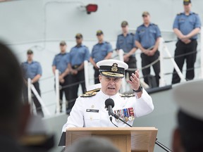 Vice-Admiral Ron Lloyd, commander of the Royal Canadian Navy, addresses the crowd at a Change of Command Ceremony for Maritime Forces Atlantic and Joint Task Force Atlantic in Halifax on Friday, Sept. 1, 2017.