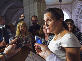 Foreign Affairs Minister Chrystia Freeland updates reporters on the NAFTA negotiations outside the House of Commons on Monday.