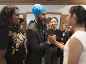 Leadership contender Jagmeet Singh greets supporters before the NDP's Leadership Showcase in Hamilton, Ont., on Sunday September 17 , 2017. THE CANADIAN PRESS/Chris Young