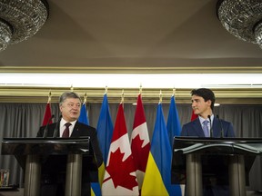 Prime Minister Justin Trudeau, right, holds a joint press conference with the President of Ukraine, Petro Poroshenko, in Toronto on Friday, September 22, 2017. THE CANADIAN PRESS/Christopher Katsarov