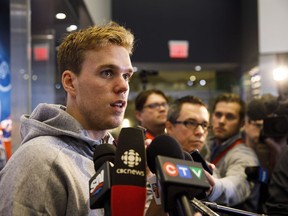 Connor McDavid speaks to the press during Edmonton Oilers medicals at Rogers Place in Edmonton, Alta., on Thursday, Sept. 14, 2017. THE CANADIAN PRESS/Codie McLachlan