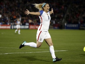 United States defender Julie Ertz (8) celebrates after scoring a goal against New Zealand during the first half of an international friendly soccer match in Commerce City, Colo., Friday, Sept. 15, 2017. (AP Photo/Jack Dempsey)