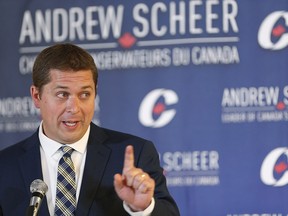 Conservative Party of Canada leader Andrew Scheer speaks at his shadow cabinet meeting in Winnipeg, Thursday, September 7, 2017.