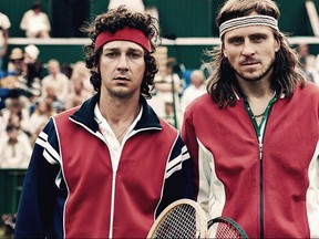 Actors Shia LaBeouf asas tennis great John McEnroe and Sverrir Gudnason playing Sweden's Bjorn Borg are shown in this undated handout image in a scene from the movie"Borg/McEnroe" provided by the Toronto International Film Festival. The Toronto International Film Festival kicks off today with the story of an epic tennis rivalry. THE CANADIAN PRESS/HO-Courtesy of TIFF