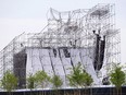 A collapsed stage is shown at a Radiohead concert at Downsview Park in Toronto on June 16, 2012.