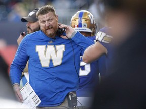 Winnipeg Blue Bombers head coach Mike O'Shea reacts after a call during the first half of CFL action against the B.C. Lions in Winnipeg Saturday, October 8, 2016. O'Shea won't be winging his speech Thursday when he's inducted into the Canadian Football Hall of Fame. TTHE CANADIAN PRESS/John Woods