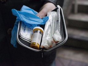 A naloxone anti-overdose kit is shown in Vancouver, Friday, Feb. 10, 2017. A drug used to temporarily reverse the effect of fentanyl overdoses will be offered free of charge in Quebec pharmacies.The province will follow the example of at least Ontario, British Columbia, Alberta, Nova Scotia, New Brunswick and Prince Edward Island in offering the life-saving naloxone without people requiring a prescription. THE CANADIAN PRESS/Jonathan Hayward