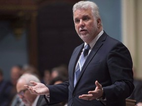 Quebec Premier Philippe Couillard responds during question period Wednesday, May 31, 2017 at the legislature in Quebec City