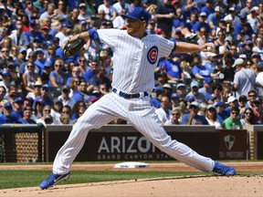 CORRECTS TO STARTER NOT RELIEVER - Chicago Cubs starter Mike Montgomery delivers during the first inning of a baseball game against the Atlanta Braves on Sunday, Sept. 3, 2017, in Chicago. (AP Photo/Matt Marton)