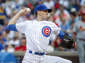 Chicago Cubs starting pitcher Kyle Hendricks delivers against the St. Louis Cardinals during the first inning of a baseball game, Saturday, Sept. 16, 2017, in Chicago. (AP Photo/Kamil Krzaczynski)