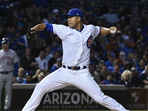 Chicago Cubs starting pitcher Jose Quintana (62) delivers against the New York Mets during the first inning of a baseball game in Chicago, Tuesday, Sept. 12, 2017. (AP Photo/Matt Marton)