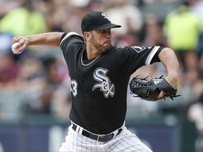 Chicago White Sox starting pitcher James Shields delivers against the Cleveland Indians during the first inning of a baseball game, Monday, Sept. 4, 2017, in Chicago. (AP Photo/Kamil Krzaczynski)