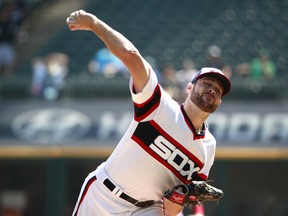Chicago White Sox starting pitcher Lucas Giolito delivers during the first inning of a baseball game against the Tampa Bay Rays in Chicago, on Sunday, Sept. 3, 2017. (AP Photo/Jeff Haynes)