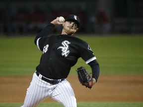 Chicago White Sox starting pitcher Dylan Covey delivers during the second inning of a baseball game against the Los Angeles Angels on Thursday, Sept. 28, 2017, in Chicago. (AP Photo/Charles Rex Arbogast)