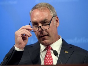 Interior Secretary Ryan Zinke speaks on the Trump Administration's energy policy at the Heritage Foundation in Washington, Friday, Sept. 29, 2017. (AP Photo/Andrew Harnik)