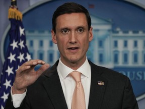 Homeland Security Adviser Tom Bossert speaks during a news briefing at the White House, in Washington, Thursday, Aug. 31, 2017. Congress is gearing up for a vote as early as next week on a multibillion-dollar down payment on relief aid for Harvey. (AP Photo/Carolyn Kaster)