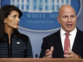 National security adviser H.R. McMaster, right, and U.S. Ambassador to the UN Nikki Haley, participate in a news briefing at the White House, in Washington, Friday, Sept. 15, 2017. (AP Photo/Carolyn Kaster)