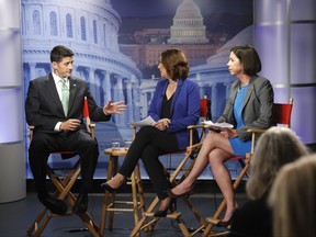 House Speaker Paul Ryan of Wis., left, answers questions during an interview with Julie Pace, AP chief of bureau in Washington; and Erica Werner, AP congressional correspondent, at the Associated Press bureau in Washington, Wednesday, Sept. 13, 2017. (AP Photo/Pablo Martinez Monsivais)