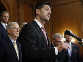 Speaker of the House Paul Ryan, R-Wis., and Senate Majority Leader Mitch McConnell, R-Ky., right, talk about the Republicans' proposed rewrite of the tax code for individuals and corporations, at the Capitol in Washington, Wednesday, Sept. 27, 2017. President Donald Trump and congressional Republicans are writing a far-reaching, $5-trillion plan they say would simplify the tax system and nearly double the standard deduction used by most Americans. (AP Photo/Pablo Martinez Monsivais)