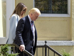 President Donald Trump and first lady Melania Trump leave after attending services at St. John's Church in Washington, Sunday, Sept. 3, 2017