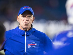 Buffalo Bills defensive line coach Mike Waufle reacts to a Detroit Lions touchdown on Aug. 31.