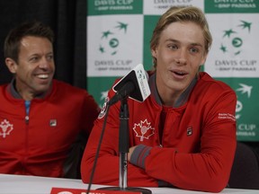 Canada's Daniel Nestor has a laugh as teammate Denis Shapovalov speaks during a Davis Cup press conference in Edmonton, Alta., on Tuesday September 12, 2017. THE CANADIAN PRESS/Jason Franson