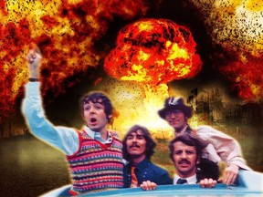 The Beatles in a still from Magical Mystery Tour, which has been Photoshopped by the National Post to add more carnage and explosions.