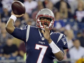 New England Patriots quarterback Jacoby Brissett passes against the New York Giants during the first half of an NFL preseason football game, Thursday, Aug. 31, 2017, in Foxborough, Mass. (AP Photo/Steven Senne)