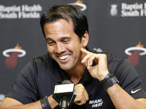 Miami Heat head coach Erik Spoelstra laughs as he talks to reporters during a news conference, Monday, Sept. 25, 2017, in Miami. (AP Photo/Alan Diaz)