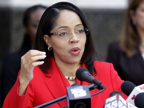 Florida State Attorney Aramis Ayala answers questions during a news conference, Friday, Sept. 1, 2017, in Orlando, Fla. The Florida Supreme Court has ruled first-degree murder cases can be taken from Ayala's office if she will not consider seeking the death penalty when warranted. (AP Photo/John Raoux)