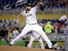 Miami Marlins starting pitcher Dan Straily delivers during the first inning of a baseball game against the New York Mets, Monday, Sept. 18, 2017, in Miami. (AP Photo/Lynne Sladky)