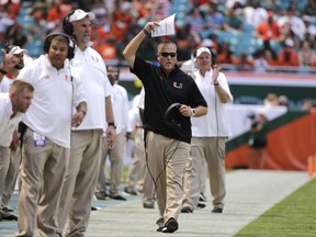 Miami head coach Mark Richt watches during the second half of an NCAA college football game against Bethune-Cookman, Saturday, Sept. 2, 2017, in Miami Gardens, Fla. Miami won 41-13. (AP Photo/Lynne Sladky)