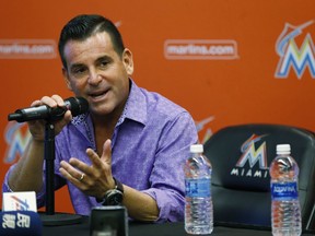 Miami Marlins president David Samson gestures as he says good bye to members of the media during a news conference before a baseball game against the Atlanta Braves, Thursday, Sept. 28, 2017, in Miami. Major League Baseball owners on Wednesday unanimously approved Jeffrey Loria's sale of the Miami Marlins to a group led by Bruce Sherman and Derek Jeter. (AP Photo/Wilfredo Lee)