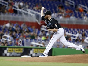 Miami Marlins' Dan Straily delivers a pitch during the first inning of a baseball game against the Philadelphia Phillies, Saturday, Sept. 2, 2017, in Miami. (AP Photo/Wilfredo Lee)