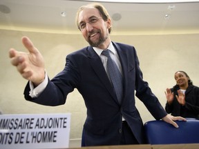 Zeid Ra'ad Al Hussein, UN High Commissioner for Human Rights smiles before the opening of the 36th session of the Human Rights Council, at the European headquarters of the United Nations, UN, in Geneva, Monday, Sept. 11, 2017. (Laurent Gillieron/Keystone via AP)