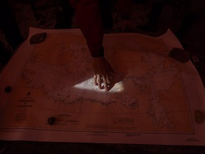 Ryan Harris, Parks Canada, lead underwater archeologist for the Erebus and Terror points out on a map the area where the sunken ships the Erebus and the Terror are near Gjoa Haven Nunavut, on Friday September 1, 2017.