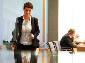 Leadership member of the hard-right party AfD (Alternative for Deutschland) Frauke Petry leaves a press conference on the day after the German General elections on September 25, 2017 in Berlin, where she said she refused to join the AfD party's parliamentary group.