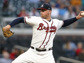 Atlanta Braves starting pitcher Sean Newcomb works in the first inning of a baseball game against the Miami Marlins, Thursday, Sept. 7, 2017, in Atlanta. (AP Photo/Brett Davis)