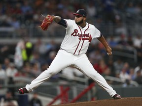 Atlanta Braves starting pitcher Luiz Gohara (64) works in the first inning of a baseball game against the Washington Nationals Tuesday, Sept. 19, 2017, in Atlanta. (AP Photo/John Bazemore)