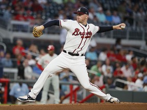Atlanta Braves starting pitcher Sean Newcomb delivers in the first inning of a baseball game against the Philadelphia Phillies, Friday, Sept. 22, 2017, in Atlanta. (AP Photo/Todd Kirkland)