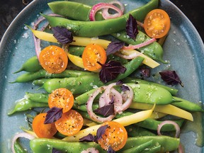 Green, yellow, or purple beans with Sun Gold tomatoes and opal basil