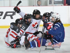 Canadian sledge hockey players (L-R) Corbyn Smith, Greg Westlake, Liam Hickey and Brad Bowden celebrate a goal against the United States last season. All four are vying for a spot on the Paralympics team headed to Pyeongchang in March 2018.