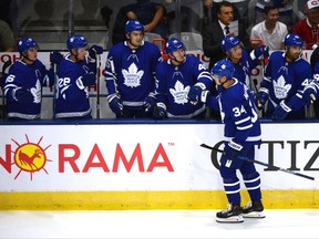 Toronto Maple Leafs centre Auston Matthews celebrates one of his goals against the Montreal Canadiens on Sept. 25.