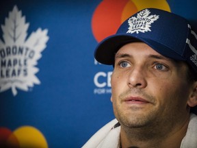 Toronto Maple Leafs defenceman Ron Hainsey speaks to the press on the first day of training camp in Toronto on Sept. 14.