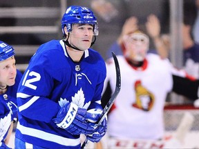 Toronto Maple Leafs centre Patrick Marleau celebrates his goal against the Ottawa Senators on Sept. 19.