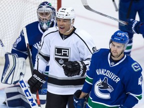 In this March 31 file photo, Los Angeles Kings forward Jarome Iginla celebrates his goal against the Vancouver Canucks.